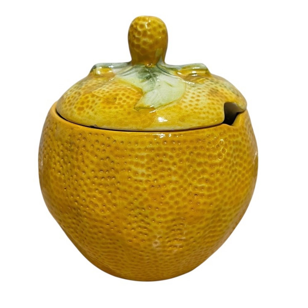 Vintage Hand Painted Ceramic Grapefruit Shape Sugar Bowl Farmhouse Made Portugal
